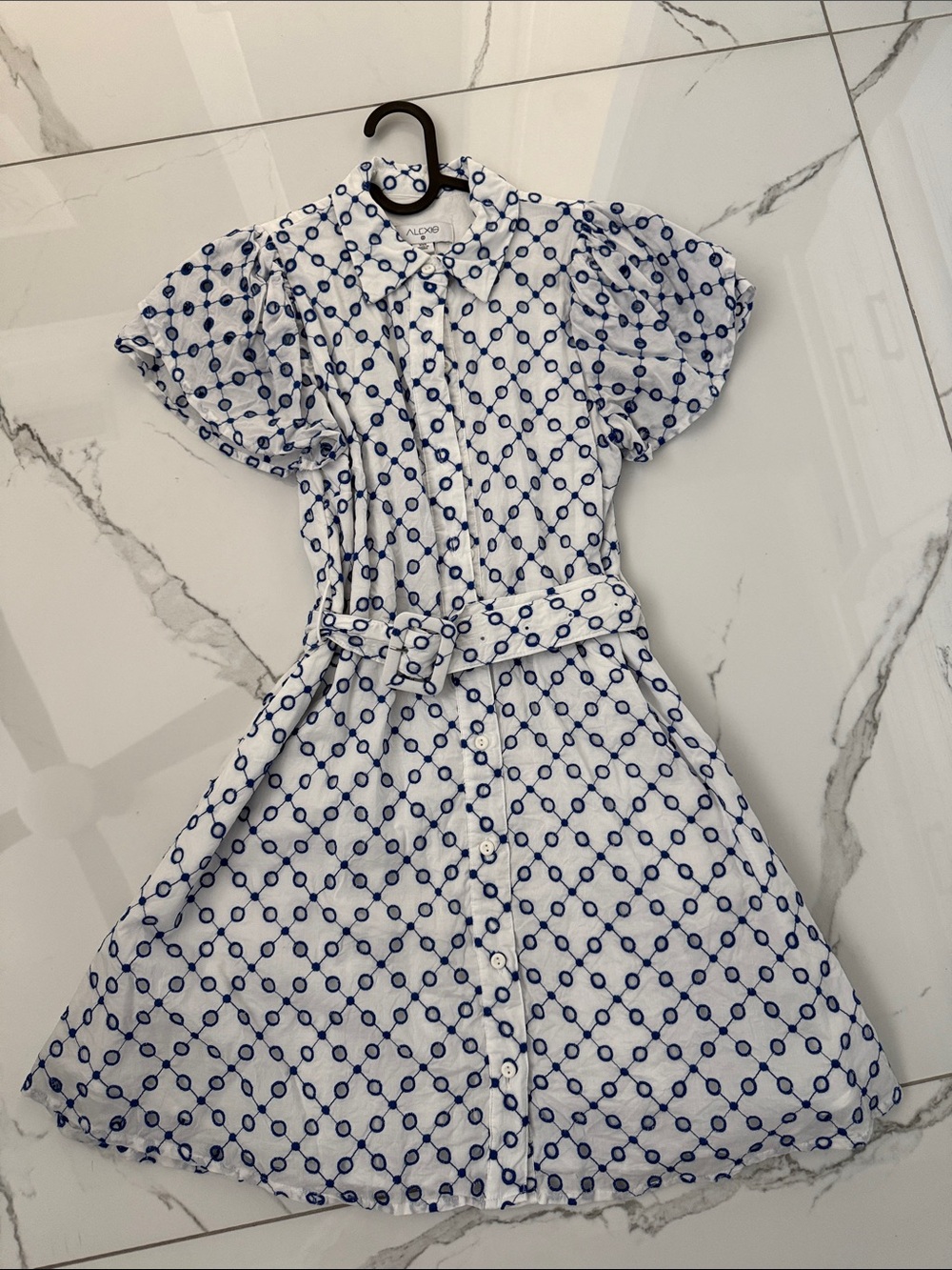 Alexis White Midi Shirt Dress with Navy Geometric Print